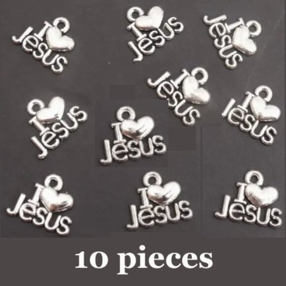 Antique Silver Plated I Love Jesus Charms 10pcs - Picture 1 of 3